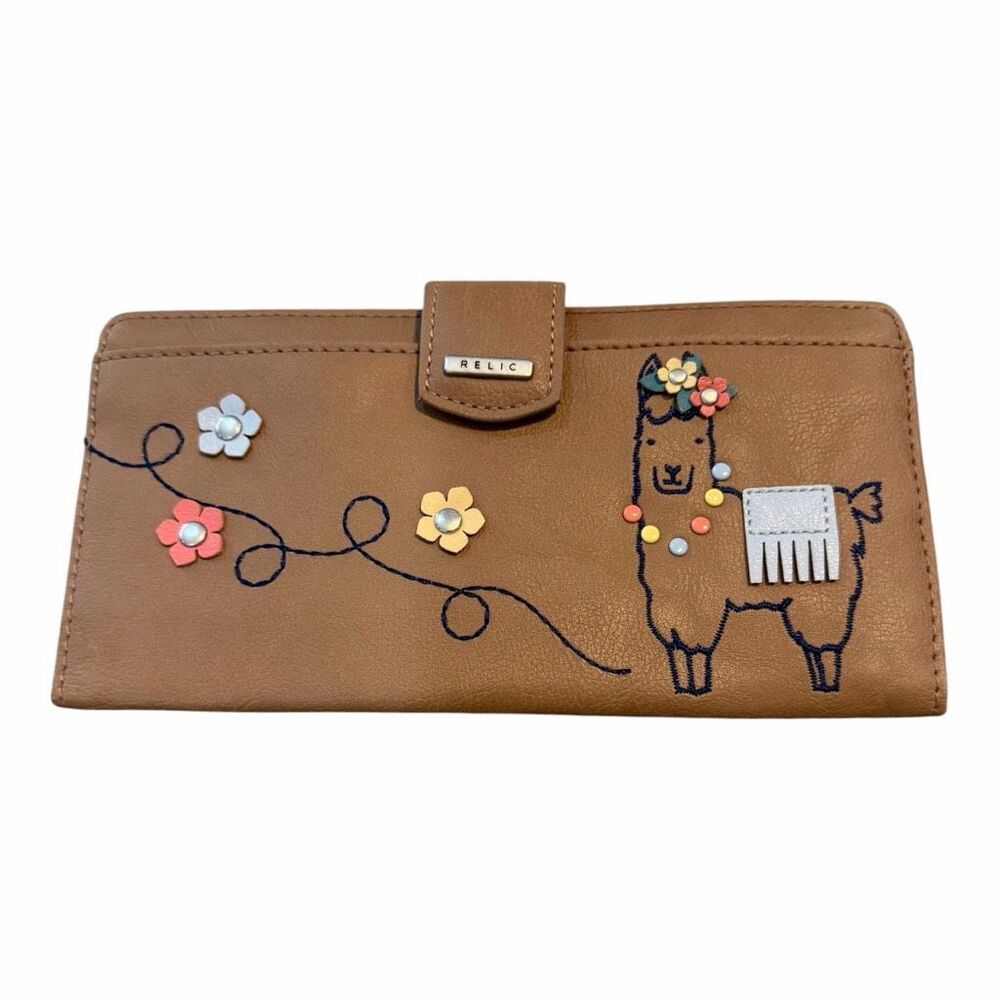 RELIC Llama Floral Checkbook Wallet Brown Embroidered Organizer Wallet